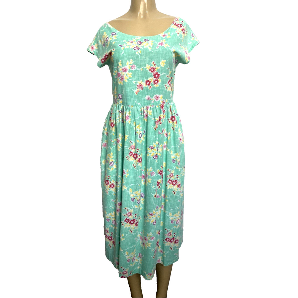 NWOT Reyn Spooner Dress Midi Aqua Short Sleeve Floral Pockets Fit Flare Reverse